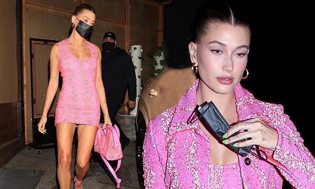 Hailey Bieber Showcases Her Endless Legs In Tiny Pink Mini Dress 